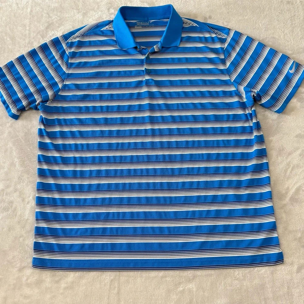 Nike Golf Tour Performance Dri FIT Blue White Stripe‎ Polo Shirt Men XXL